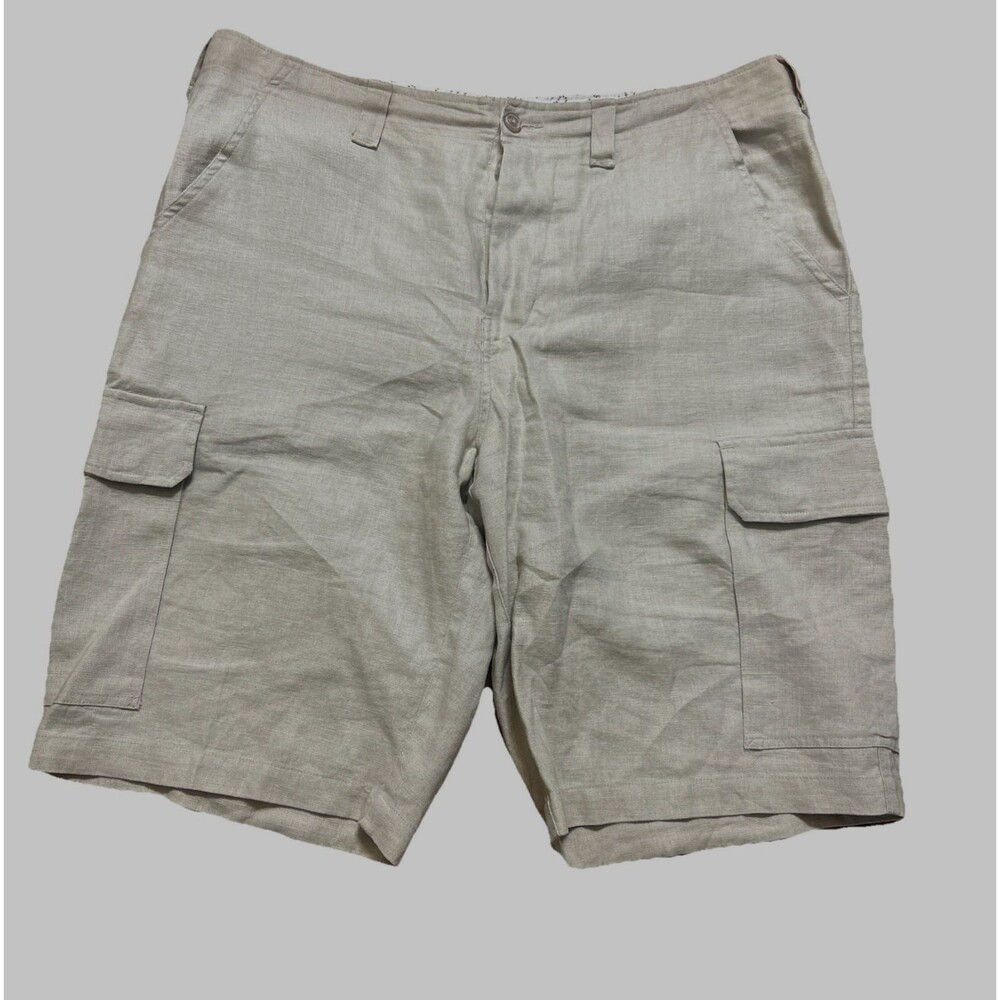 Toscano 100% Linen Men 36 x 11 Beige Cargo Button Fly Casual Preppy Shorts Pants